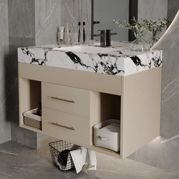 English Elm 29.9" Floating Bathroom Vanity Sintered Stone Top Soft Close Drawers Bronze Gold Hardware White+Black,Wood W3136S00035