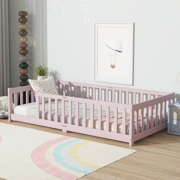 English Elm Twin Low Profile Rubberwood Floor Bed with Full Safety Fence for Toddler Rooms Pink W504P429338