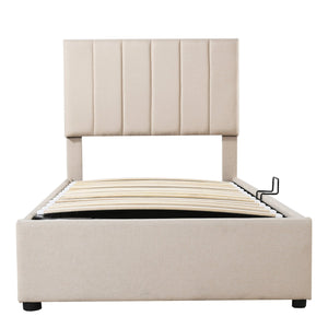 English Elm Twin Upholstered Hydraulic Storage Bed with Vertical Stripe Headboard, Space-Saving Modern Platform Beige SF000185AAA
