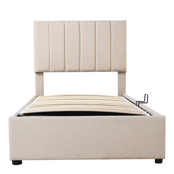 English Elm Twin Upholstered Hydraulic Storage Bed with Vertical Stripe Headboard, Space-Saving Modern Platform Beige SF000185AAA