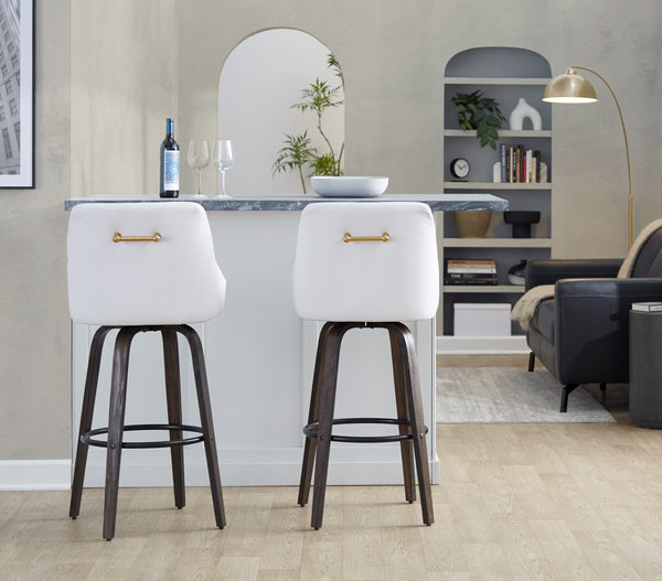English Elm 30" Swivel Barstools Walnut Bentwood Gold Accents Faux Leather Kitchen Island Set B202S01919
