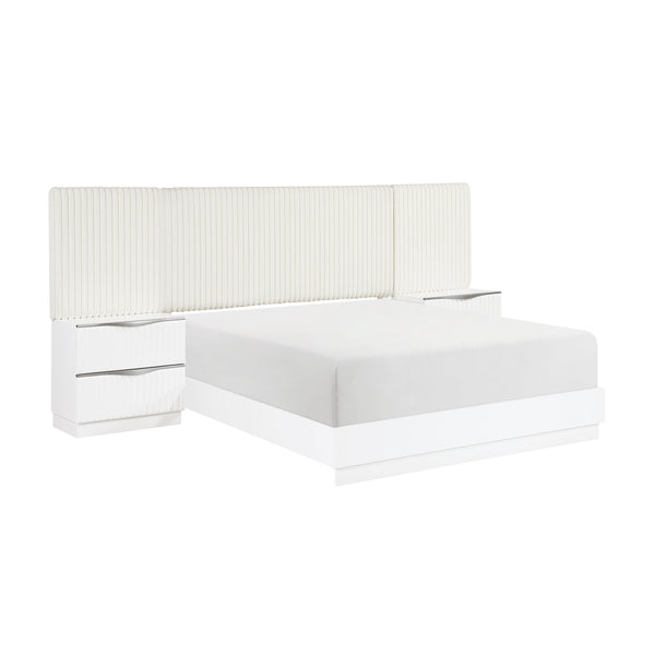 English Elm Luxurious Pearl White California King Bedroom Set with Faux Fur Headboard Wall Panel B011S02281