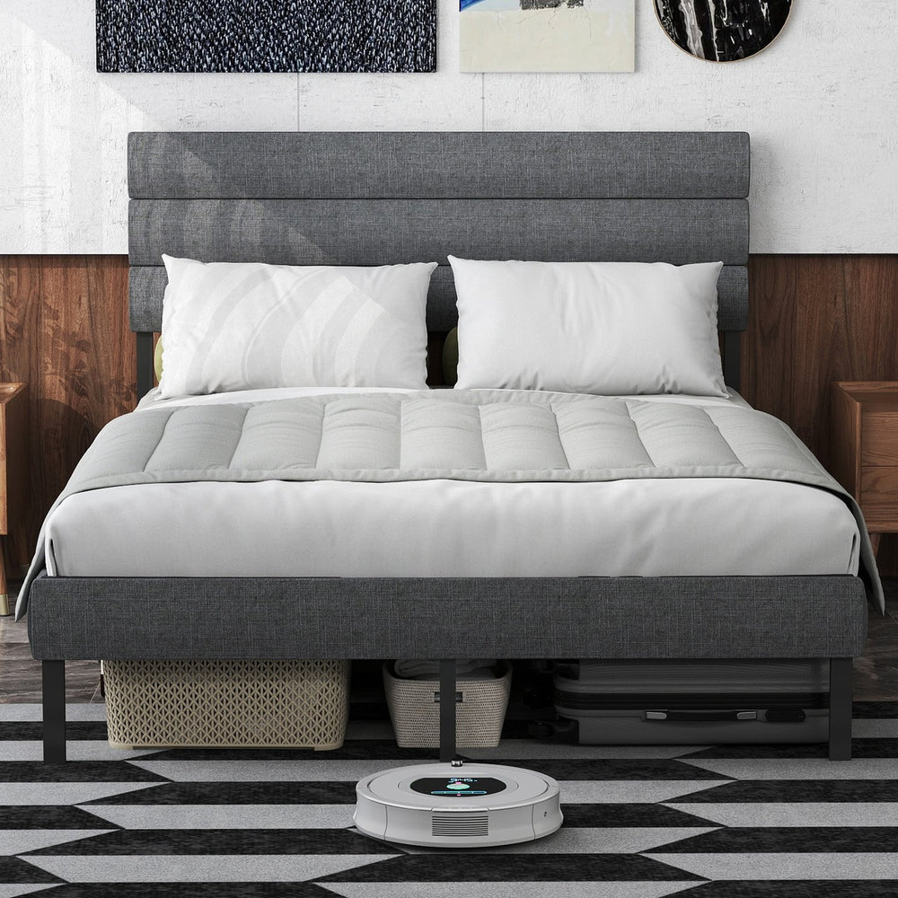English Elm Queen Upholstered Platform Bed Fabric Headboard 14 Inch Storage No Box Spring T3963P384846
