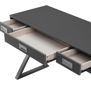 English Elm Crossmark Campaign Style Writing Desk with Three Drawers and Powder Coated Metal Legs B2733P445251