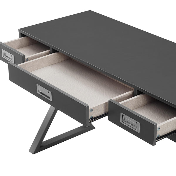 English Elm Crossmark Campaign Style Writing Desk with Three Drawers and Powder Coated Metal Legs B2733P445251