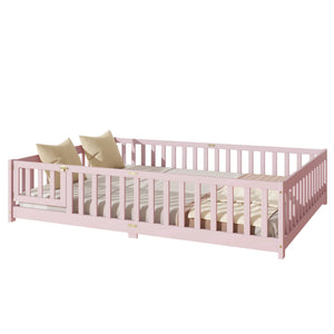 English Elm Queen Rubber Wood Floor Bed with Full Perimeter Safety Fence and Hinged Access Door Pink W504P429344