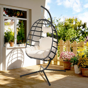 English Elm Egg Hanging Chair with Stand Pe Rattan Swing Seat Washable Cushion Patio Bedroom T5880P497427