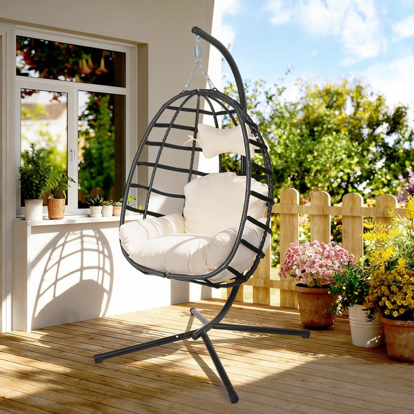 English Elm Egg Hanging Chair with Stand Pe Rattan Swing Seat Washable Cushion Patio Bedroom T5880P497427