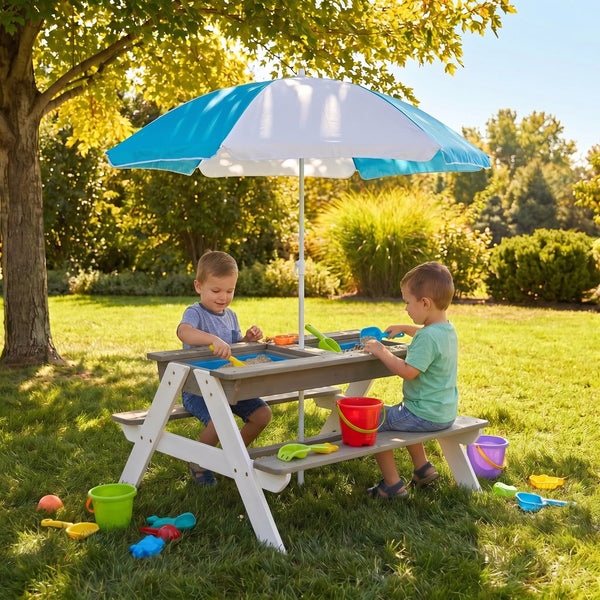 English Elm Wooden Cedar Kids Outdoor Picnic Activity Table with Shade Umbrella for Backyard Play D720094435