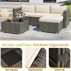 English Elm 5-piece Outdoor Modular Pe Rattan Wicker Patio Set with Tempered Glass Coffee Table Beige B082P455126