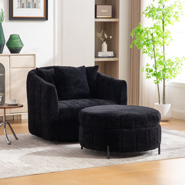 English Elm 39"w Swivel Barrel Club Chair with Channel Tufted Chenille and Round Storage Ottoman Set Black W3118S00050