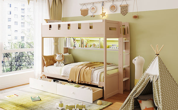 English Elm Twin Castle Bunk Bed with Led Lighting Built-in Shelf and Storage Drawers for Kids White LT000158AAK