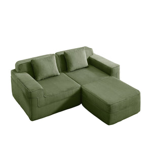 English Elm Modular 2-Seat L-Shape Sectional Sofa In Green Corduroy, Ultimate Comfort With Movable Ottoman & Pillows W3041S00330