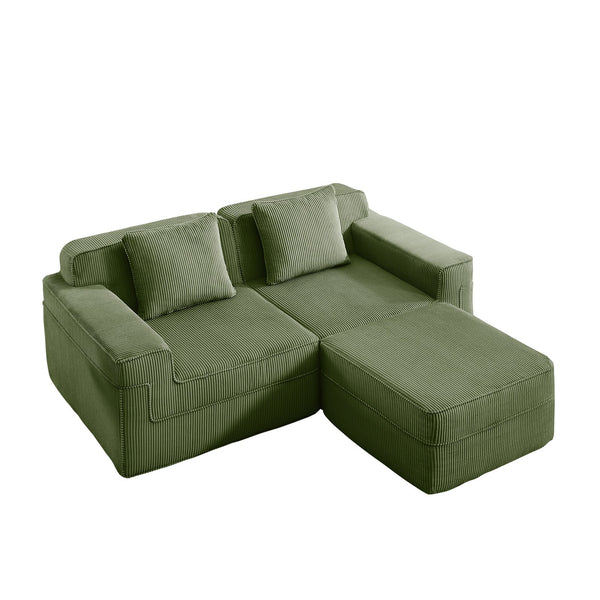 English Elm Modular 2-Seat L-Shape Sectional Sofa In Green Corduroy, Ultimate Comfort With Movable Ottoman & Pillows W3041S00330