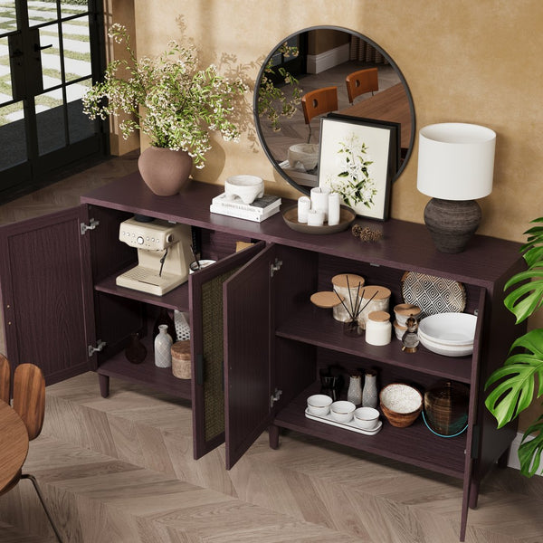 English Elm 70" Rattan Buffet Cabinet with Stylish Woven Doors, 4-Door Sideboard with Adjustable Shelves, Sturdy MDF Frame and Solid Wood Legs Brown W757P279743