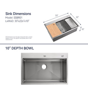English Elm Stainless Handmade Single Bowl Drop-in Kitchen Sink with Cutting Board and Drain Grid T3177P286033