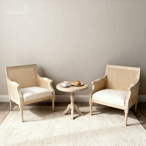 English Elm French Accent Chair Beige Upholstered Rattan Back Armchair — Vintage Solid Wood Reading Seat for Homes W3426P394275