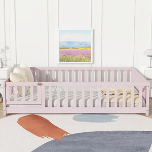 English Elm Twin Solid Rubberwood Floor Bed with Full Perimeter Safety Rails for Toddler Rooms Pink W504P296791
