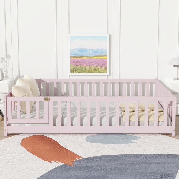 English Elm Twin Solid Rubberwood Floor Bed with Full Perimeter Safety Rails for Toddler Rooms Pink W504P296791