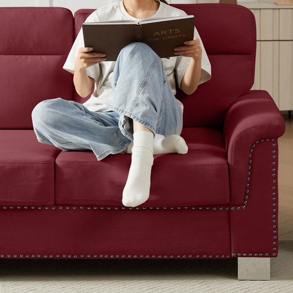 English Elm 82" Chesterfield Snowfleece Upholstered 3-seat Sofa Nailhead Trim Plush Living Room Burgundy W1359P386020