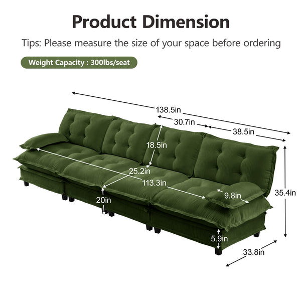 English Elm 138" Modular Cloud Sectional Sofa Deep Seat Chenille Upholstery for Living Room Green W714S01731