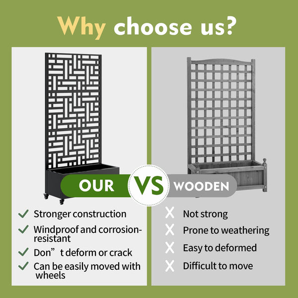 English Elm Metal Planter Box With Trellis & Wheels - Stylish Raised Garden Bed For Climbing Plants & Privacy W347P399102