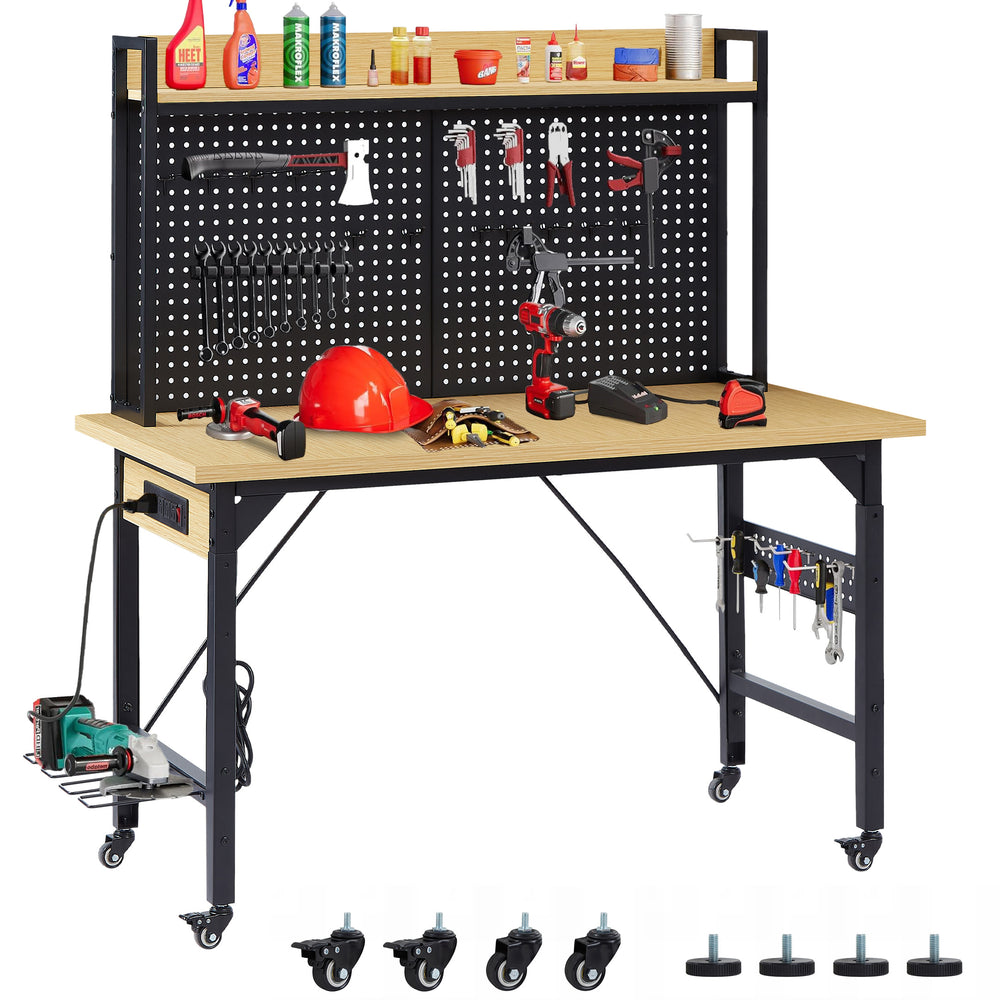 English Elm 48''adjustable Rolling Workbench Steel Frame Pegboard Outlets Garage Workshop W1162P223029