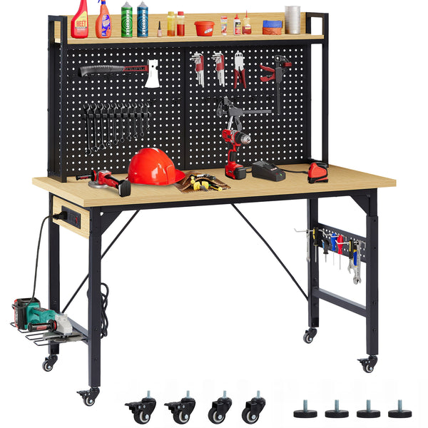 English Elm 48''adjustable Rolling Workbench Steel Frame Pegboard Outlets Garage Workshop W1162P223029