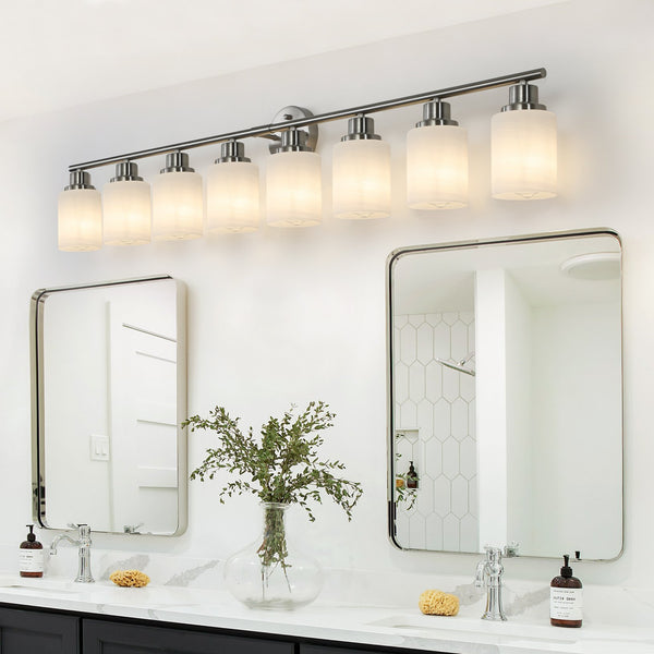 English Elm 52" Modern 8-Light Vanity Mirror Light with Frosted Glass Shades and Iron Frame for Dressing Room Illumination Brushed Nickel W1340P206700