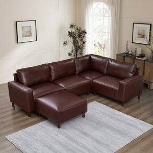 English Elm Modern Five Piece Modular Sectional with Ottoman Pu Leather Living Room Sofa Set Burgundy W1097S00268