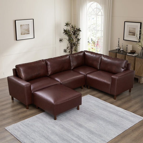 English Elm Modern Five Piece Modular Sectional with Ottoman Pu Leather Living Room Sofa Set Burgundy W1097S00268