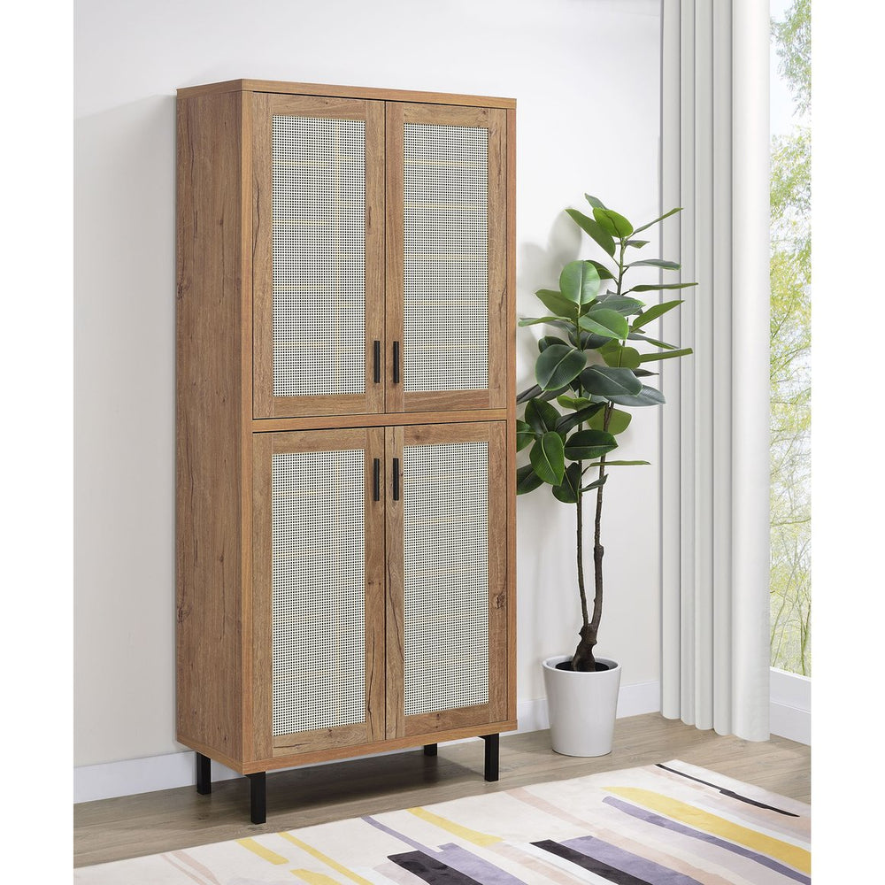 English Elm Stagg Oak Finish Shoe Cabinet with Cane Doors and Black Metal Legs for Entryway B062P451793