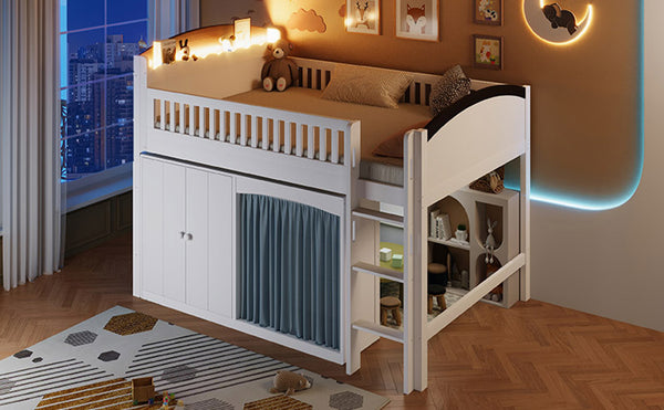 English Elm Twin Loft Bed with Wardrobe Cabinet Led Lighting and Pine Frame for Kids Rooms White N7090002235K