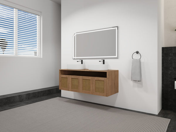 English Elm 48" Imitative Oak Wall Mounted Bathroom Vanity with Ceramic Art Sink, Plywood, 4 Soft-Close Doors, Modern Float Design W999S00399