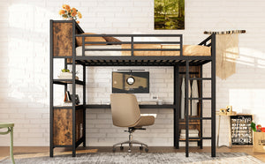 English Elm Metal Queen Loft Bed With L-Shaped Desk, Wardrobe, And Storage Cubes - Stylish Space Saver! W1580S00184