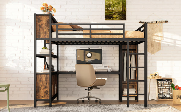 English Elm Metal Queen Loft Bed With L-Shaped Desk, Wardrobe, And Storage Cubes - Stylish Space Saver! W1580S00184