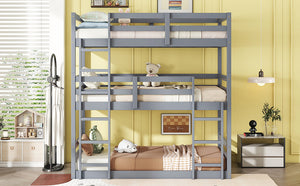 English Elm Triple Rubber Wood Bunk Bed with Built-In Ladders and Guardrails Maximizes Space for Families, Durable Design Grey W504S00174