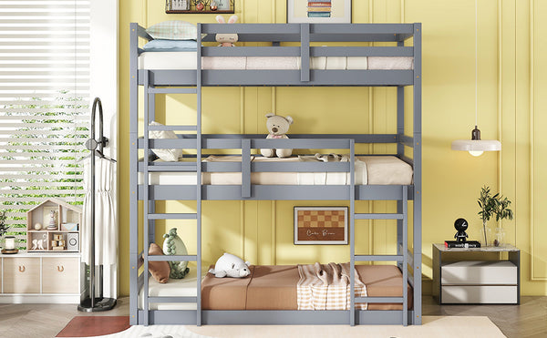 English Elm Triple Rubber Wood Bunk Bed with Built-In Ladders and Guardrails Maximizes Space for Families, Durable Design Grey W504S00174
