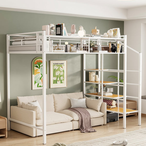 English Elm Twin Metal Loft Bed with Upper Grid Storage Shelf and 4-Layer Ladder Shelves for Space Saving White SF100081AAK