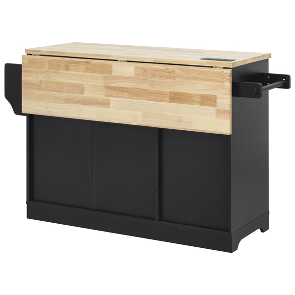 English Elm K&K Vintage Kitchen Island with Rubberwood Top, Hidden Wheels, Pull-Out Trash & Charging Station Black N707P299014B
