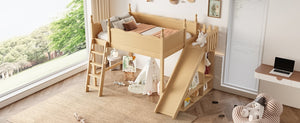 English Elm Twin Loft Bed Solid Pine Frame with Wardrobe Shelving Detachable Slide Kids Room Natural W5305S00022