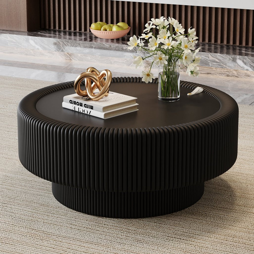 English Elm 31.5" Fluted Leather Round Coffee Table Tempered Glass Lift Top Hidden Storage Modern Black W3158P450847