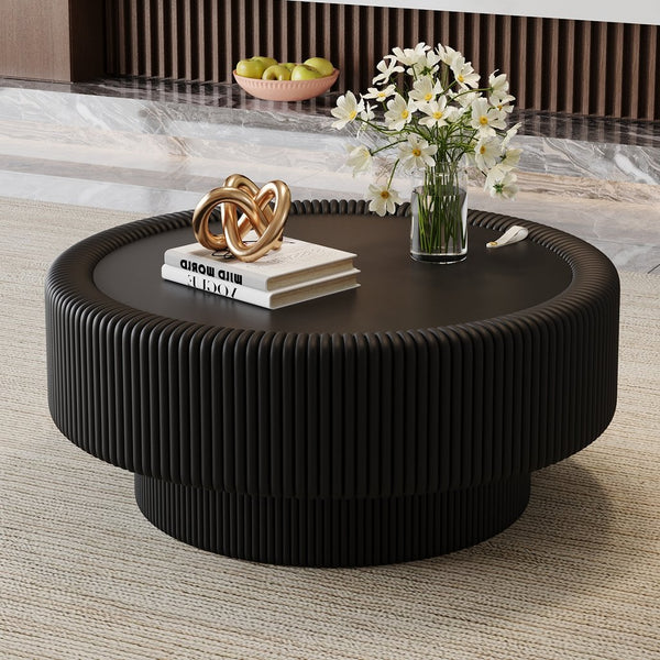 English Elm 31.5" Fluted Leather Round Coffee Table Tempered Glass Lift Top Hidden Storage Modern Black W3158P450847