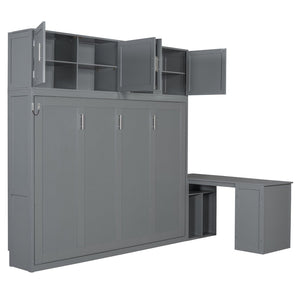 English Elm Queen Size Wall Murphy Bed With Desk, Storage Cabinets & Hydraulic Lift – Elegant Gray Design N820S10034E-GIGA