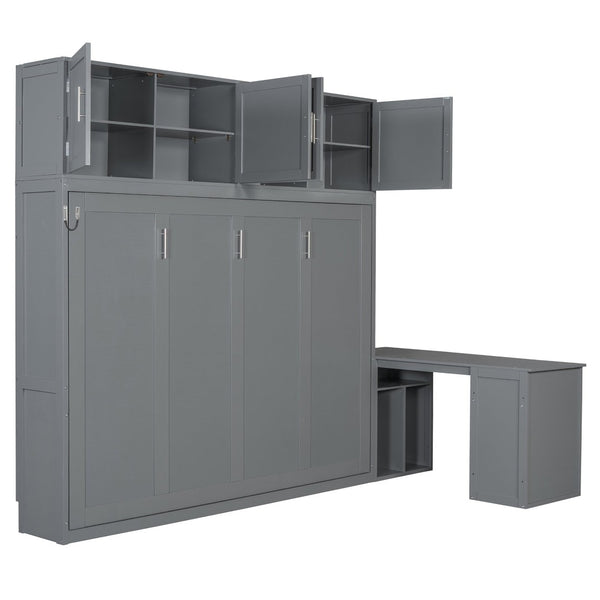 English Elm Queen Size Wall Murphy Bed With Desk, Storage Cabinets & Hydraulic Lift – Elegant Gray Design N820S10034E-GIGA