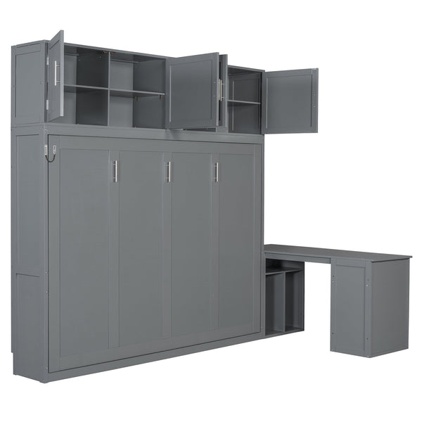 English Elm Queen Murphy Bed with Fold Down Desk Hydraulic Lift Storage Cabinets White N820S10034E-1