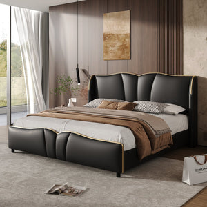 English Elm Christopher Knight Home® - Queen Plush Leather Upholstered Bed Frame with Wingback Headboard, Wavy Footboard, Quiet Support Black 85.2 L x 9.8 W x 3.25 H N761S0000016B