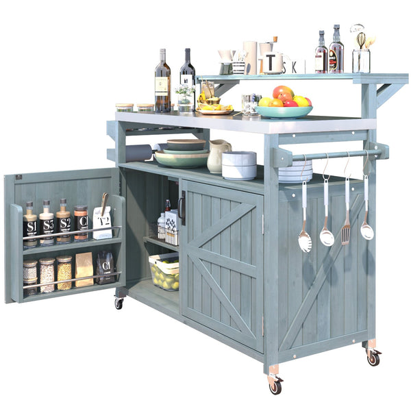 English Elm K&K 53.3" Outdoor Kitchen Island with 1.2" Stainless Top, Spacious Storage, Raised Shelf, Wheels Grey+Blue N707P250628G