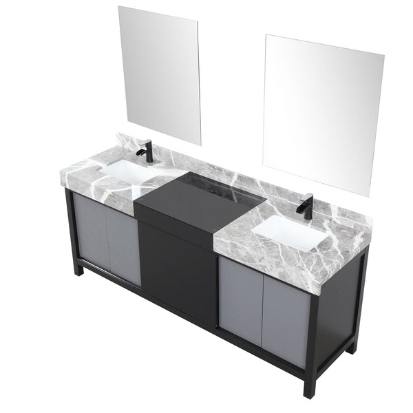 English Elm Black Double Bath Vanity 80" W With Castle Grey Marble Top, Matte Black Faucet & Stylish Mirrors B2731S01161