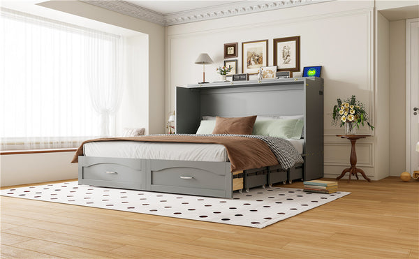 English Elm Queen Murphy Wall Bed with Drawers Usb Charging Ports Pulley Lift Mdf Cabinet Gray LP100671AAE-1